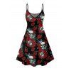Gothic Couple Outfit Rose Leaf Retro Skulls Print Spaghetti Strap V Neck A Line Mini Tank Dress and Button Up Shirt Holiday Matching Outfit - Noir S | US 4