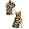 Gothic Couple Outfit Sunflower Skulls Leaf Print Ruched Bust Sweetheart Neck A Line Mini Dress and Button Up Shirt Holiday Matching Outfit - Beige S | US 4