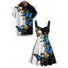 Gothic Couple Outfit Skulls Butterfly Print Monochrome Ruched Bust Dress and Button Up Shirt Holiday Matching Outfit - Bleu S | US 4