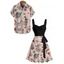Vintage Couple Outfit Mermaid Skulls Letter Print Ruched Bust Belt Sweetheart Neck A Line Mini Dress and Button Up Shirt Vacation Matching Outfit - Rose clair S | US 4