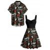 Gothic Couple Outfit Skull Plant Mushroom Print Ruched Bust Sweetheart Neck A Line Mini Dress and Button Up Shirt Vacation Matching Outfit - Noir S | US 4