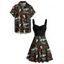 Gothic Couple Outfit Skull Plant Mushroom Print Ruched Bust Sweetheart Neck A Line Mini Dress and Button Up Shirt Vacation Matching Outfit - Noir S | US 4
