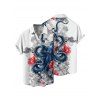 Vacation Couple Outfit Octopus Floral Wave Marine Life Print Ruched Bust Dress and Button Up Shirt Beach Matching Outfit - Blanc S | US 4