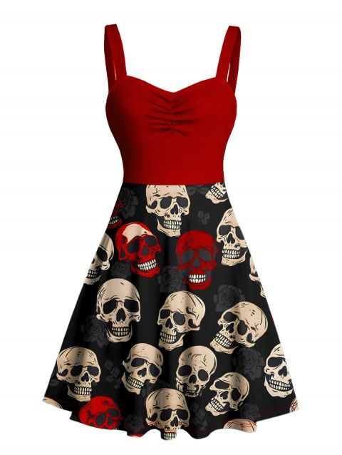 Robe gothique rétro à imprimé tête de mort et buste froncé, col en cœur, coupe trapèze, mini robe de vacances
