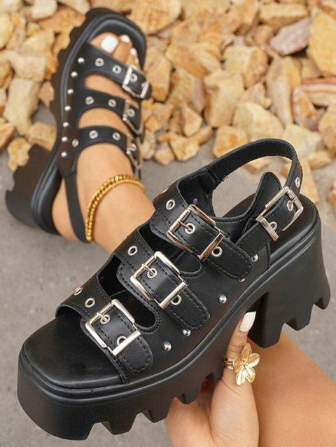 Solid Color Open Toe Thick Platform Buckle Strap Gothic Outdoor Sandals