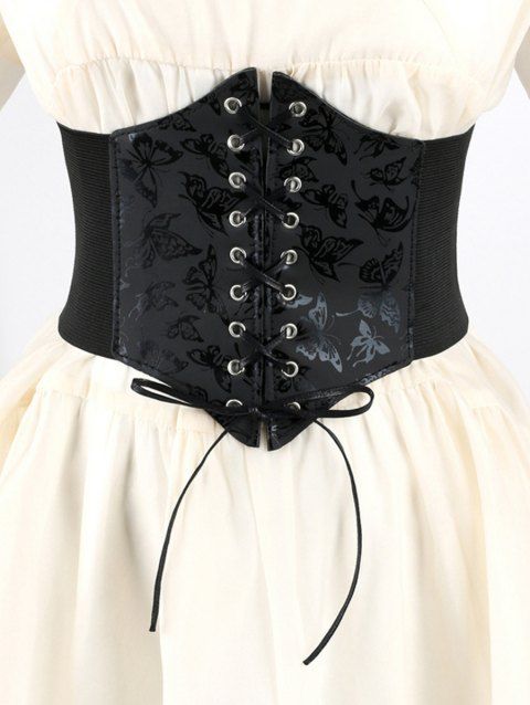Ceinture gothique large élastique à lacets avec empiècement en dentelle papillon et rose
