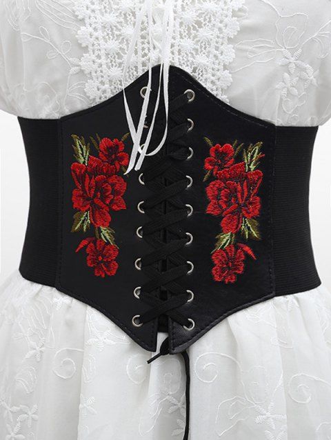 Ceinture gothique large élastique à lacets avec empiècement en dentelle papillon et rose