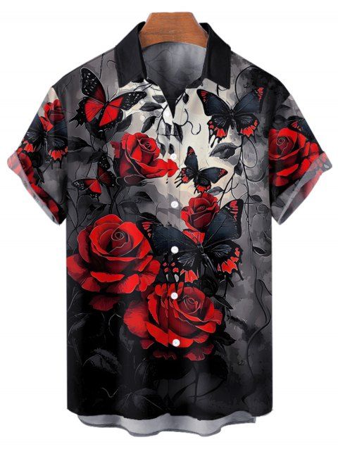 Chemise gothique à manches courtes et boutons pour homme, motif papillon et rose, idéale pour les vacances