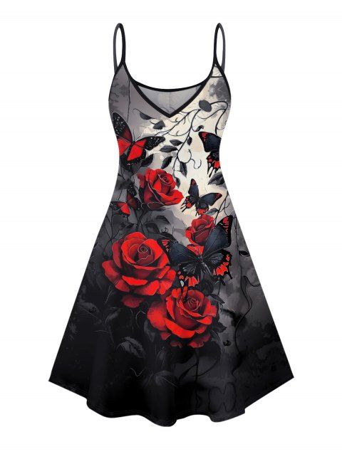 Robe gothique à motif papillon et rose, bretelles spaghetti, col en V, coupe trapèze, mini-robe de vacances