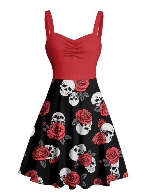 Robe gothique rétro à imprimé tête de mort et col en cœur, coupe trapèze, mini robe de vacances