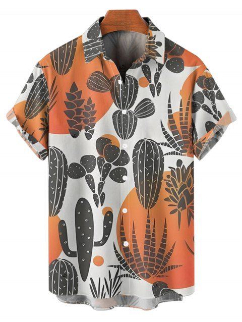 Chemise de vacances à motif cactus colorblock pour homme, boutonnée, retroussée, manches courtes, décontractée
