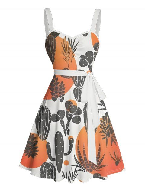 Robe de vacances à motif cactus colorblock, buste froncé, ceinture, col en cœur, coupe trapèze, mini, décontractée