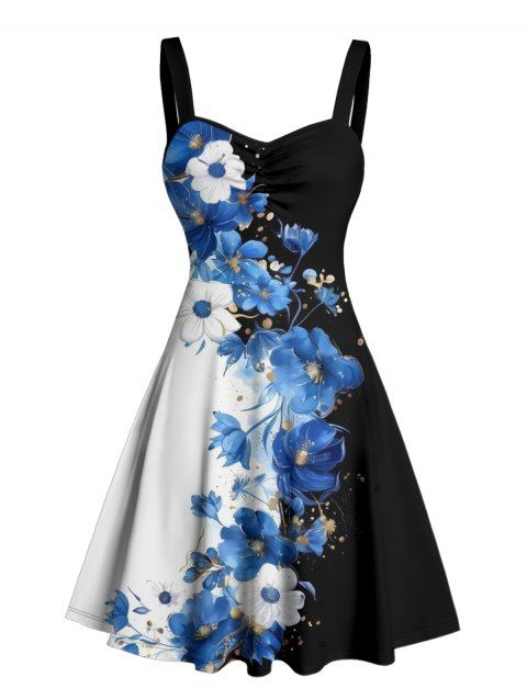 Robe de vacances à motif floral colorblock, buste froncé, col en cœur, coupe trapèze, mini, décontractée