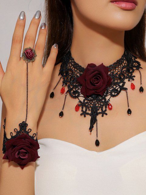 Ensemble ras du cou et bracelet gothiques en cristal artificiel avec dentelle ajourée et anneau, accessoires vintage