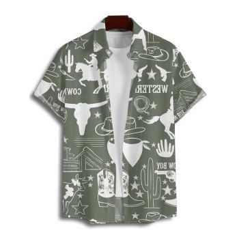 Vacation Couple Outfit Western Cowboy Style Pattern Cactus Letter Ruched Bust Belt Dress and Button Up Shirt Cottagecore Matching Outfit