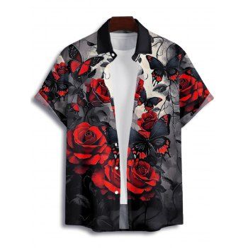 Men's Rose Butterfly Pattern Gothic Shirt Button Up Roll Up Short Sleeve Vacation Shirt