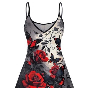 Rose Butterfly Pattern Gothic Dress Spaghetti Strap V Neck A Line Mini Vacation Tank Dress