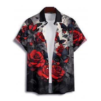Gothic Couple Outfit Rose Butterfly Pattern Spaghetti Strap V Neck A Line Mini Tank Dress and Button Up Shirt Vacation Matching Outfit