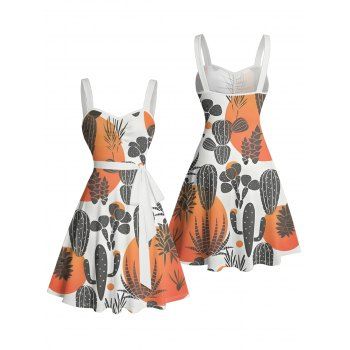 Colorblock Cactus Pattern Ruched Bust Belt Vacation Dress Sweetheart Neck A Line Mini Casual Dress