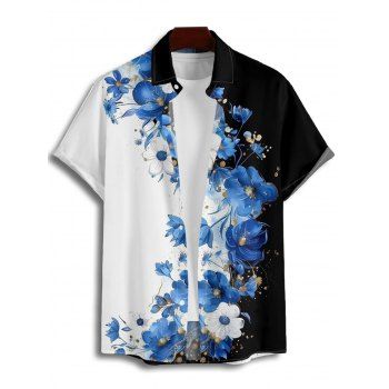 Men's Colorblock Flower Pattern Vacation Shirt Floral Button Up Roll Up Short Sleeve Casual Shirt