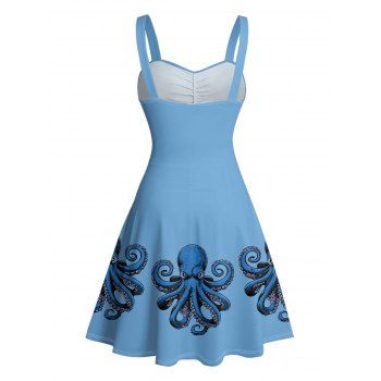 Octopus Pattern Marine Life Ruched Bust Belt Vacation Dress Sweetheart Neck A Line Mini Beach Dress