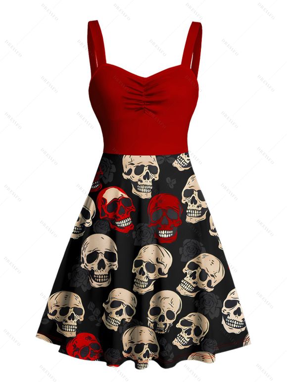 Robe gothique rétro à imprimé tête de mort et buste froncé, col en cœur, coupe trapèze, mini robe de vacances - Noir S | US 4