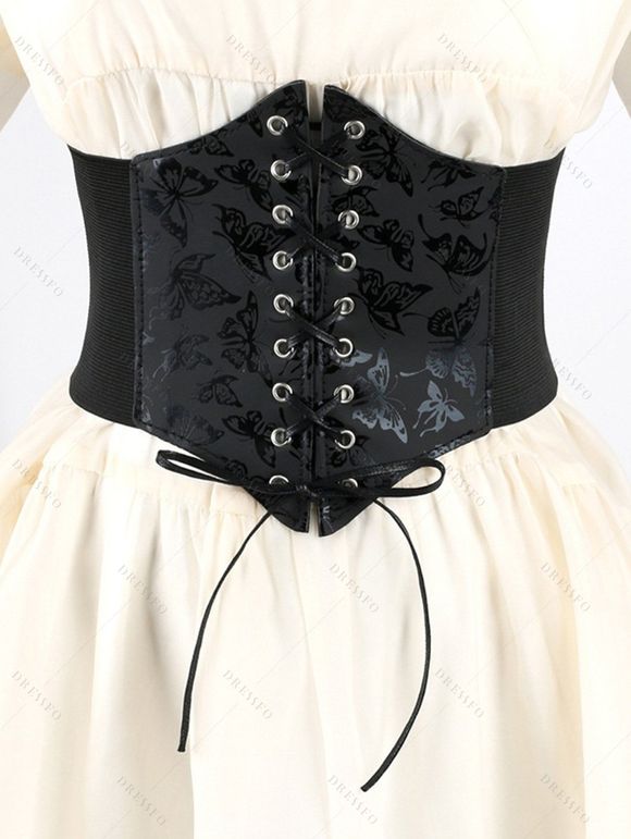 Ceinture gothique large élastique à lacets avec empiècement en dentelle papillon et rose - Noir 