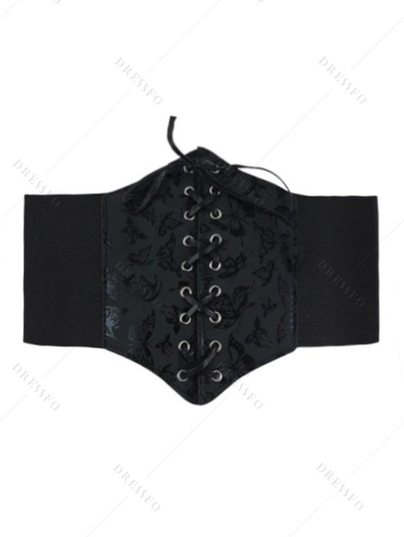 Ceinture gothique large élastique à lacets avec empiècement en dentelle papillon et rose - Noir 