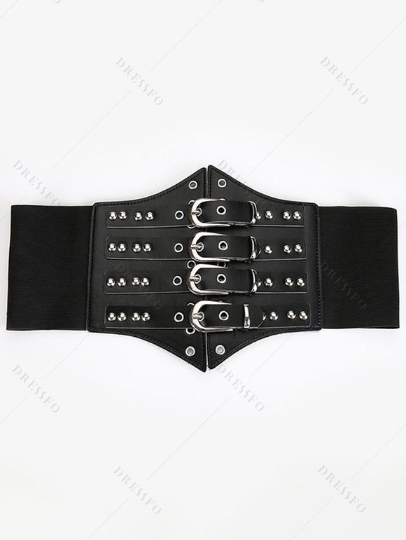 Ceinture large élastique style punk avec boucle à rivets - Noir 
