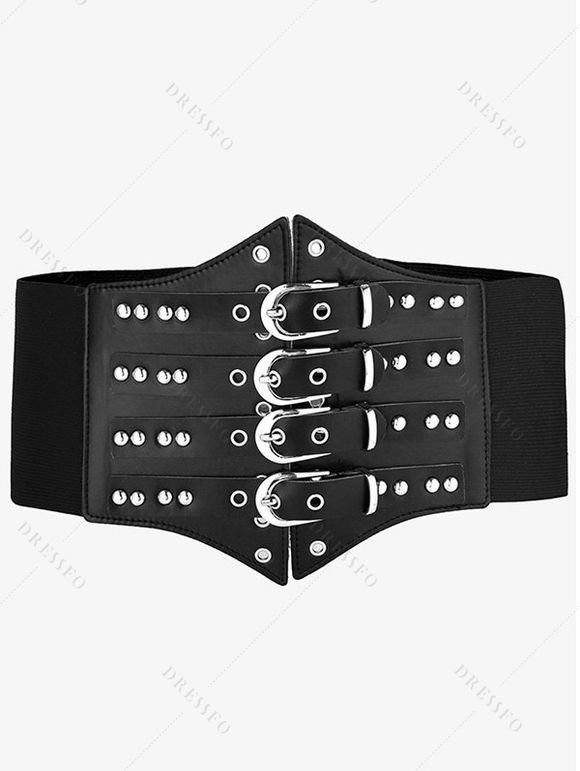Ceinture large élastique style punk avec boucle à rivets - Noir 