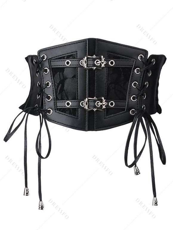 Ceinture élastique gothique vintage à empiècement en dentelle et boucle à lacets - Noir 