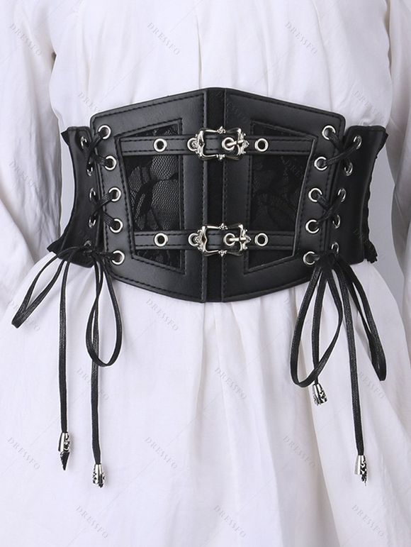 Ceinture élastique gothique vintage à empiècement en dentelle et boucle à lacets - Noir 