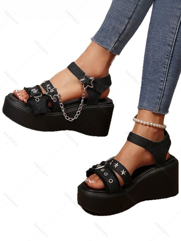 Solid Color Buckle Strap Star Chain Embellishment Open Toe Thick Platform Gothic Outdoor Sandals - Noir EU 42