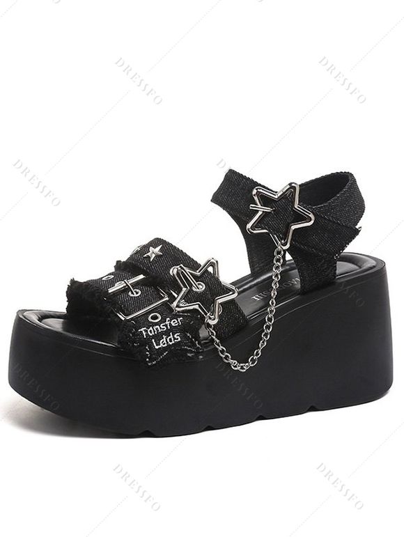 Solid Color Buckle Strap Star Chain Embellishment Open Toe Thick Platform Gothic Outdoor Sandals - Noir EU 42
