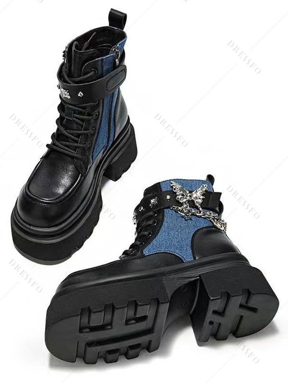 Butterfly Chain Embellishment Zip Up Thick Platform Gothic Martin Boots - Bleu EU 40