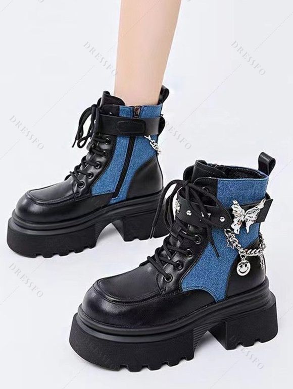 Butterfly Chain Embellishment Zip Up Thick Platform Gothic Martin Boots - Bleu EU 40