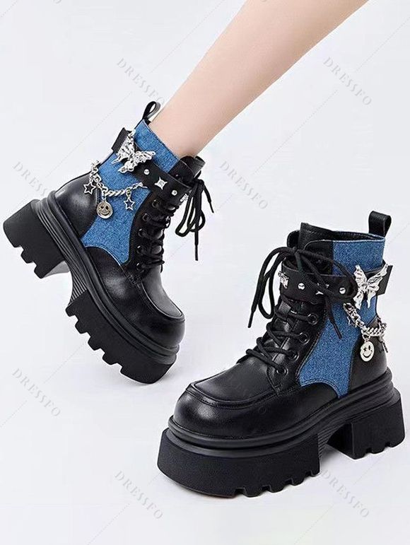 Butterfly Chain Embellishment Zip Up Thick Platform Gothic Martin Boots - Bleu EU 40