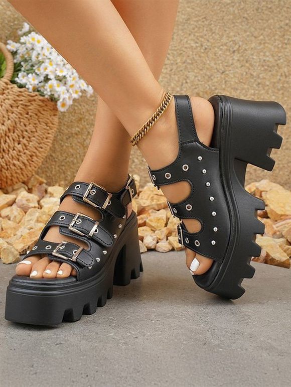 Solid Color Open Toe Thick Platform Buckle Strap Gothic Outdoor Sandals - Noir EU 42