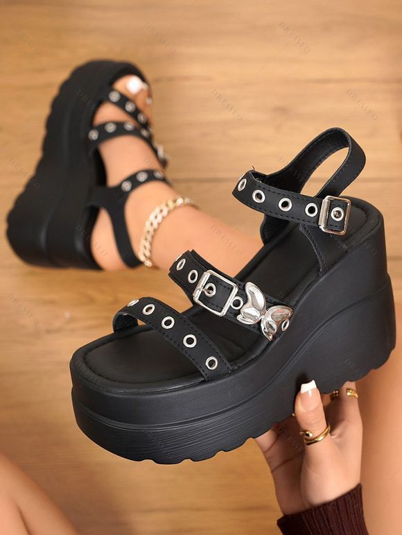 Buckle Strap Solid Color Butterfly Decor Open Toe Thick Platform Outdoor Gothic Sandals - Noir EU 42