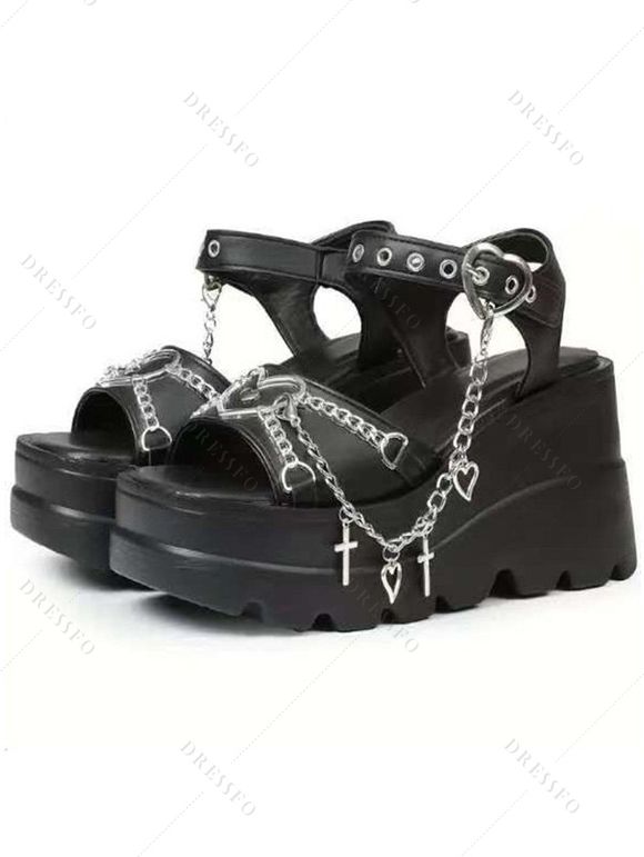 Solid Color Heart Chain Embellishment Buckle Strap Thick Platform Open Toe Gothic Outdoor Sandals - Noir EU 42