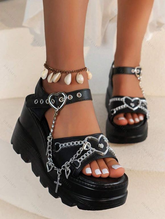 Solid Color Heart Chain Embellishment Buckle Strap Thick Platform Open Toe Gothic Outdoor Sandals - Noir EU 42