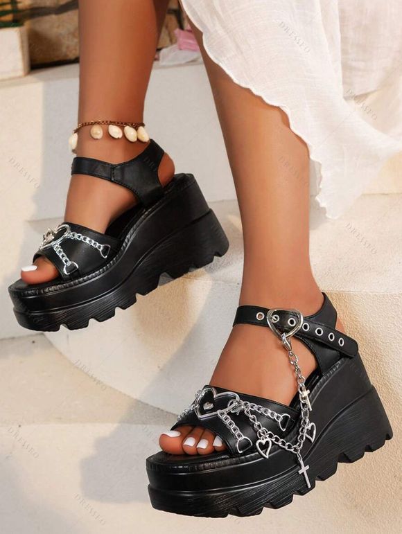 Solid Color Heart Chain Embellishment Buckle Strap Thick Platform Open Toe Gothic Outdoor Sandals - Noir EU 42