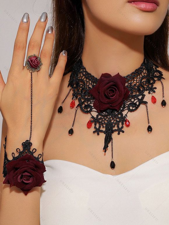 Ensemble ras du cou et bracelet gothiques en cristal artificiel avec dentelle ajourée et anneau, accessoires vintage - Noir 