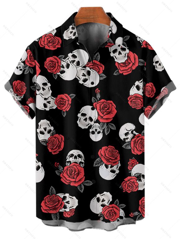 Chemise gothique à manches courtes et boutons pour homme, imprimé tête de mort rétro, style rétro, style vacances - Rouge foncé 5XL