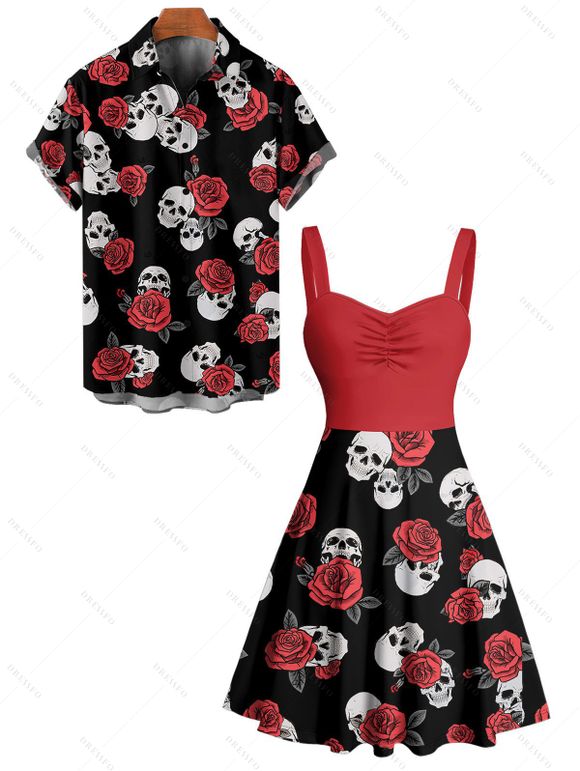 Gothic Couple Outfit Retro Colorblock Skulls Print Ruched Bust Sweetheart Neck A Line Mini Dress and Button Up Shirt Holiday Matching Outfit - Rouge foncé S | US 4