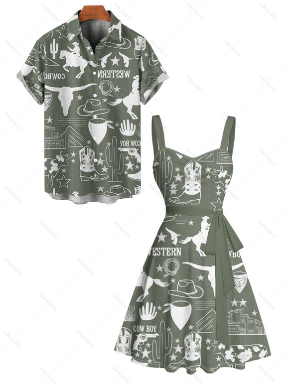 Vacation Couple Outfit Western Cowboy Style Pattern Cactus Letter Ruched Bust Belt Dress and Button Up Shirt Cottagecore Matching Outfit - Vert profond S | US 4