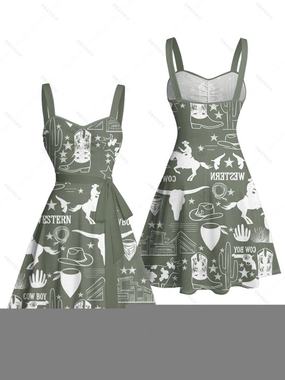 Vacation Couple Outfit Western Cowboy Style Pattern Cactus Letter Ruched Bust Belt Dress and Button Up Shirt Cottagecore Matching Outfit - Vert profond S | US 4