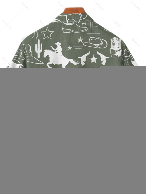 Vacation Couple Outfit Western Cowboy Style Pattern Cactus Letter Ruched Bust Belt Dress and Button Up Shirt Cottagecore Matching Outfit - Vert profond S | US 4