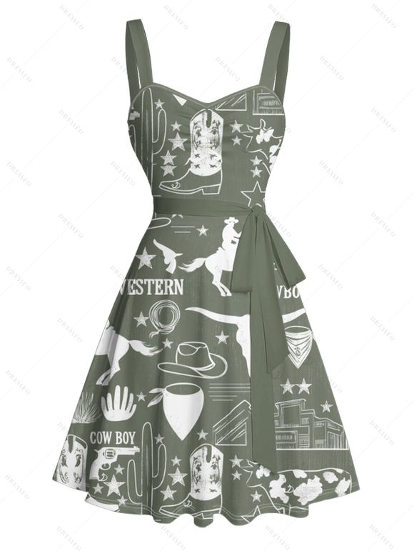 Robe de vacances style cowboy western, motif cactus, lettre, buste froncé, ceinture, col en cœur, ligne A, mini robe cottagecore - Vert profond XXXXXL | US 20