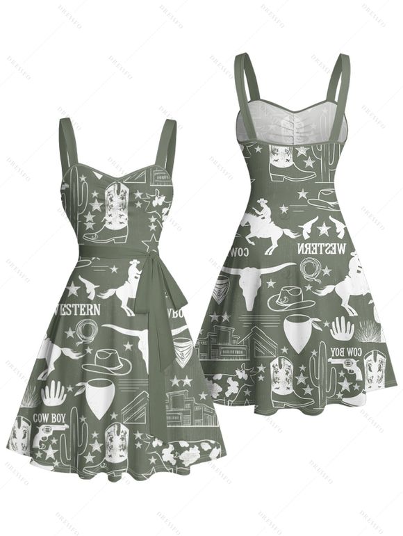 Robe de vacances style cowboy western, motif cactus, lettre, buste froncé, ceinture, col en cœur, ligne A, mini robe cottagecore - Vert profond XXXXXL | US 20